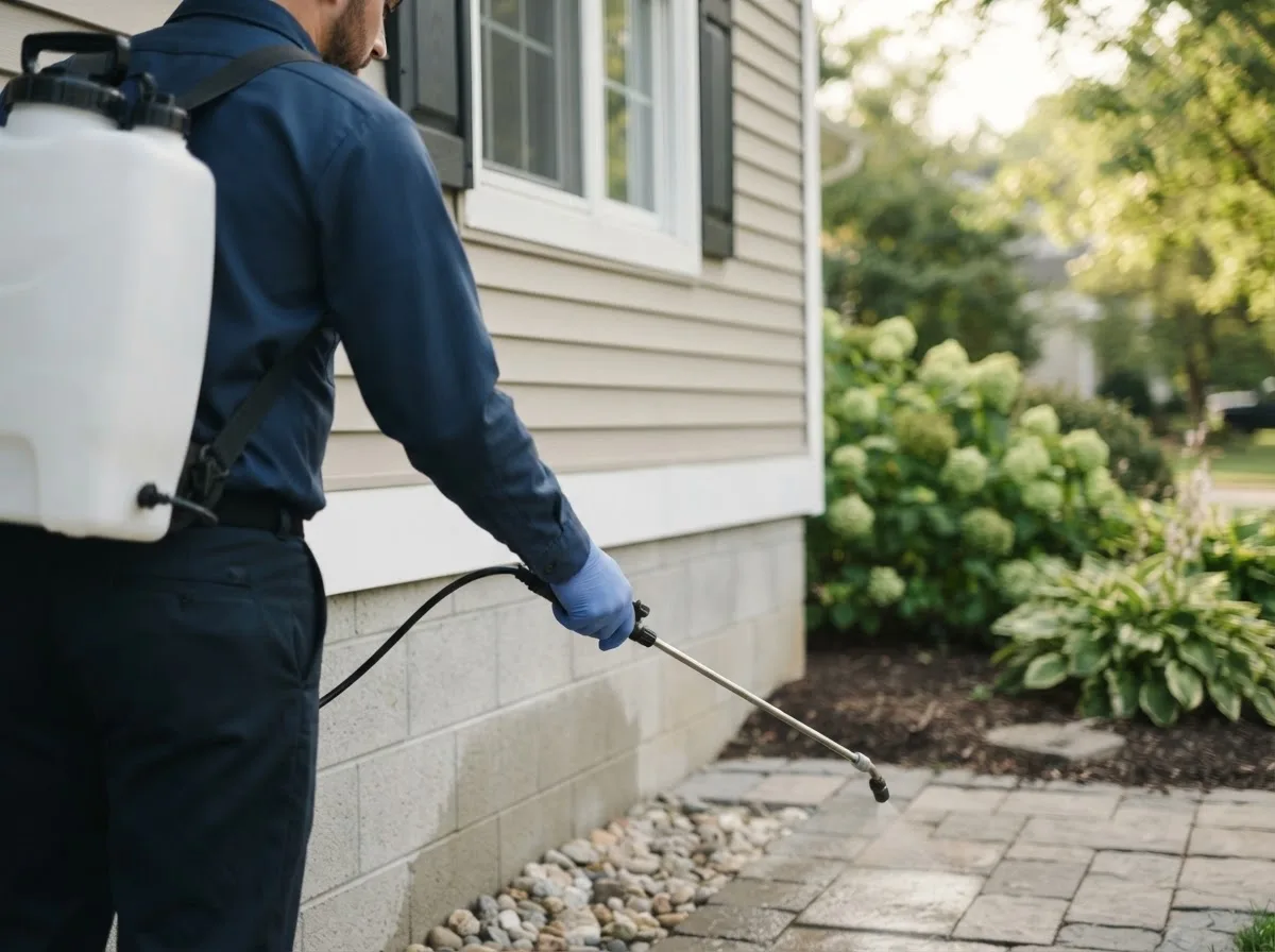 Pest control technician inspecting a home in Kabetogama, MN